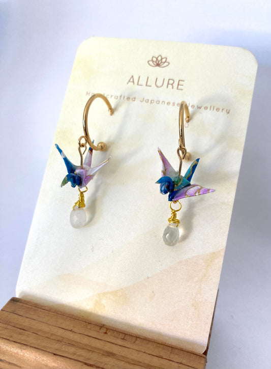 Origami Crane Earrings - Half Moon Stud Hook with Moonstone 2