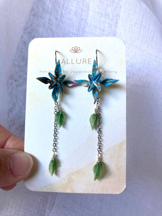 Origami Flower Earrings in Sterling Silver - Blue-