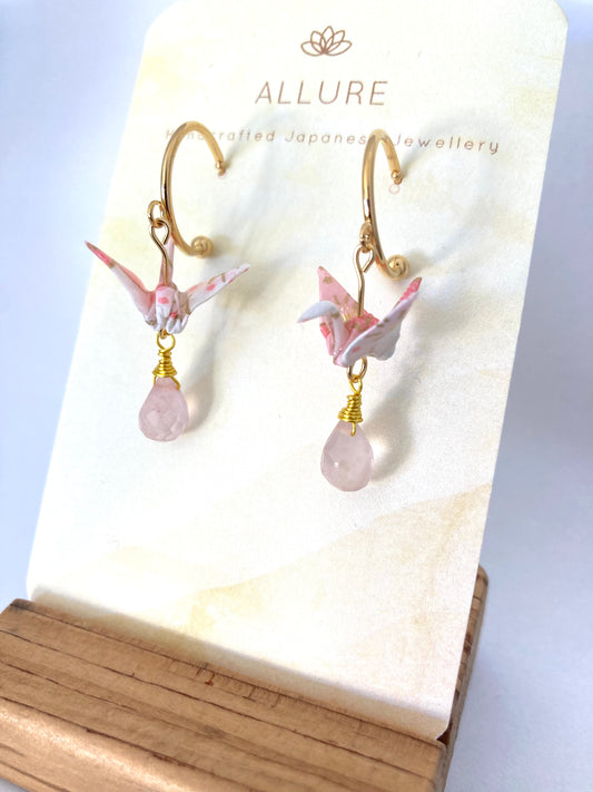Origami Crane Earrings - Half Moon Stud Hook with Rose Quartz